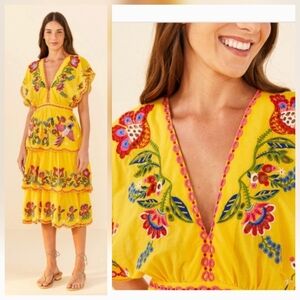 Farm Rio Yellow Embroidered Richilier Mididress
